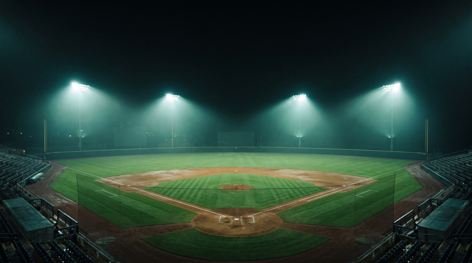 Baseball stadium at night under floodlights